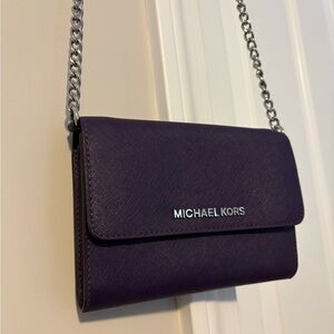 Michael Kors Purple Saffiano Crossbody Wallet with Silver Chain